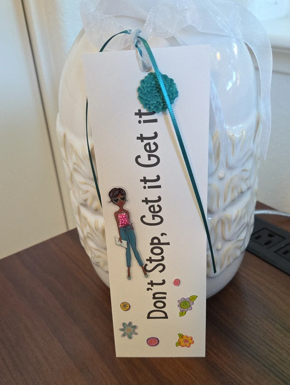 Handmade Bookmark with Teal & White Ribbon